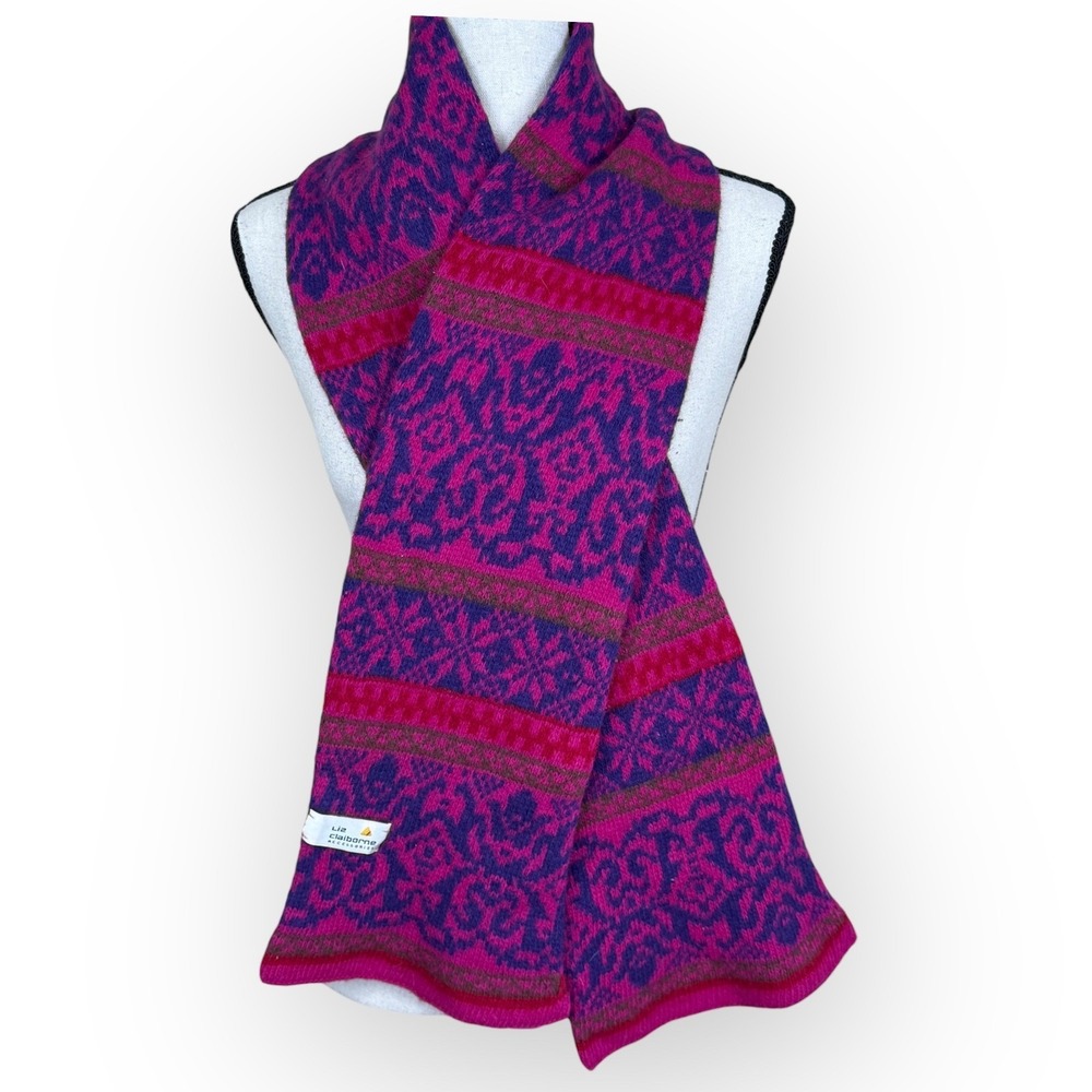 Liz Claiborne Lambswool Angora Rabbit Blend Scarf Pink Purple Fair Isle VTG 80's